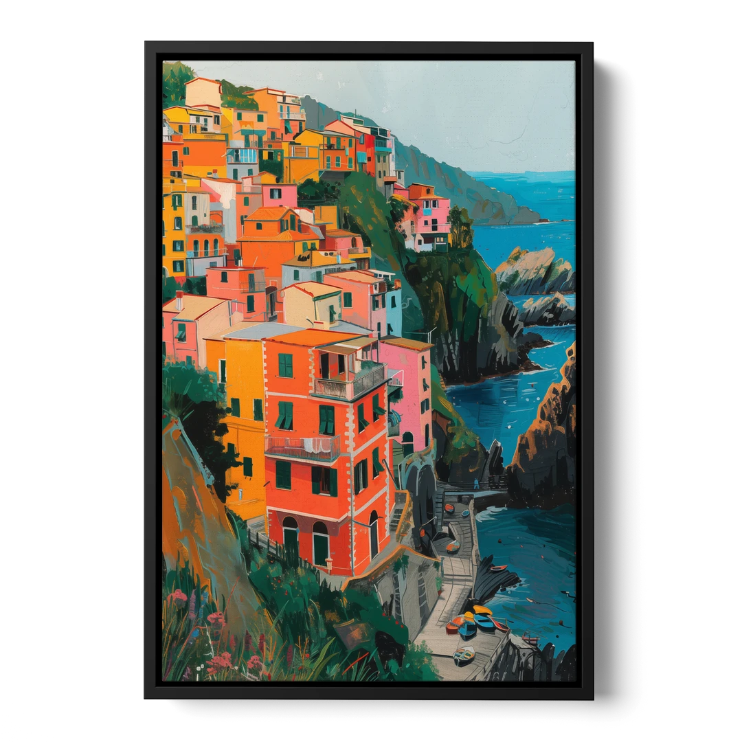 Riomaggiore Painting Above the Sea - Black Framed Canvas Wall Art - Front