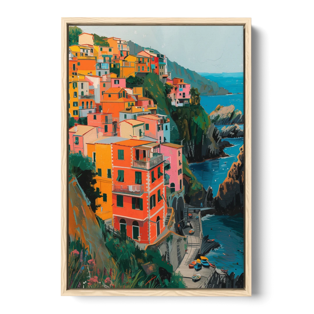 Riomaggiore Painting Above the Sea - Oak Framed Canvas Wall Art - Front