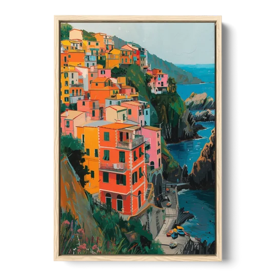 Riomaggiore Painting Above the Sea - Oak Framed Canvas Wall Art - Front