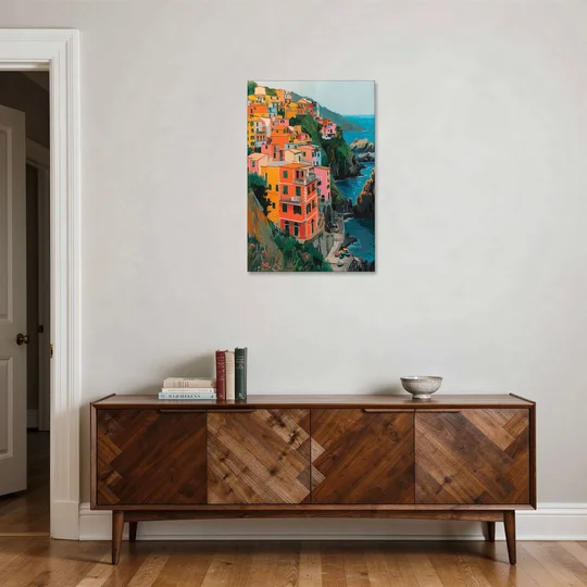 Riomaggiore Painting Above the Sea - Canvas Wall Art - Coffee Table - 24x36