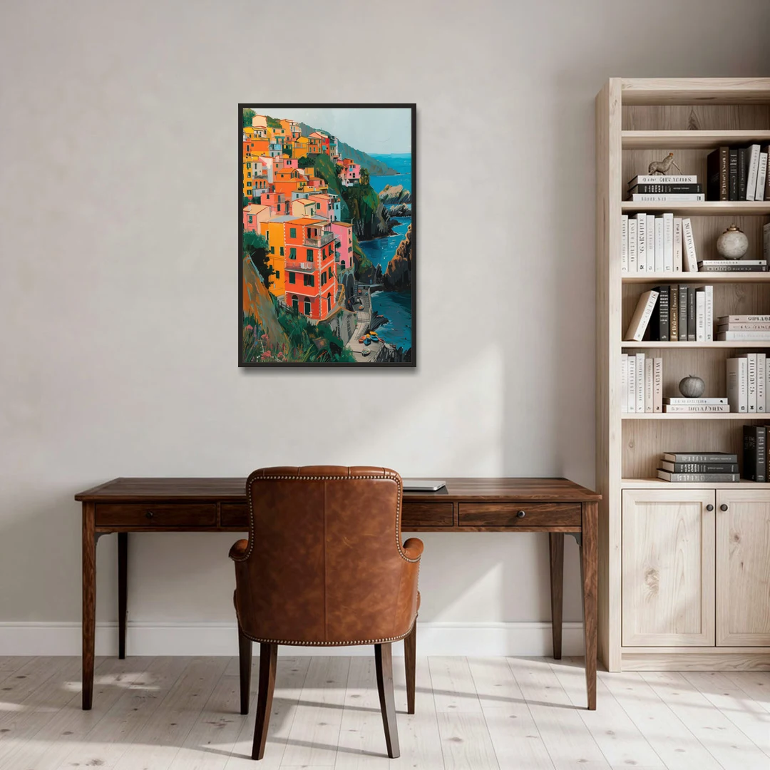 Riomaggiore Painting Above the Sea - Black Framed Canvas Wall Art - Office - 24x36