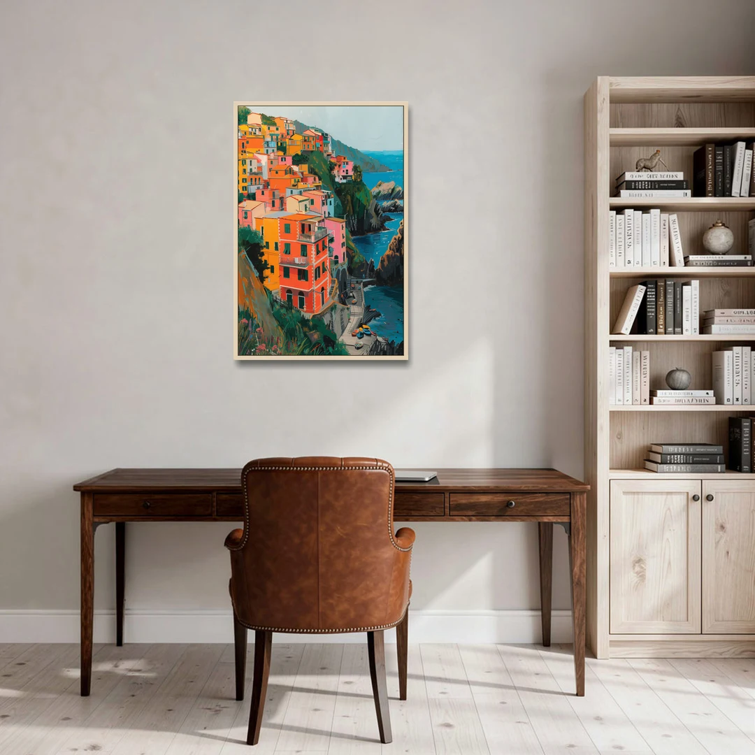 Riomaggiore Painting Above the Sea - Oak Framed Canvas Wall Art - Office - 24x36