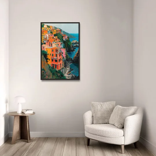 Riomaggiore Painting Above the Sea - Black Framed Canvas Wall Art - Sofa - 24x36