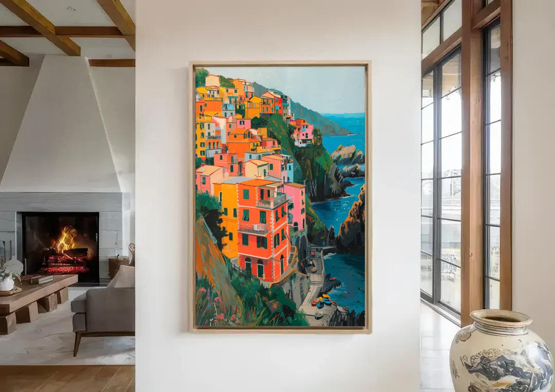 Riomaggiore Painting Above the Sea canvas wall art in a living room with a fireplace