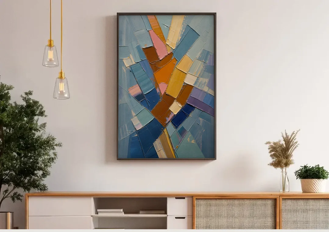 Rising Amber Planes for the Modern Office canvas wall art above a wooden sideboard under pendant lights