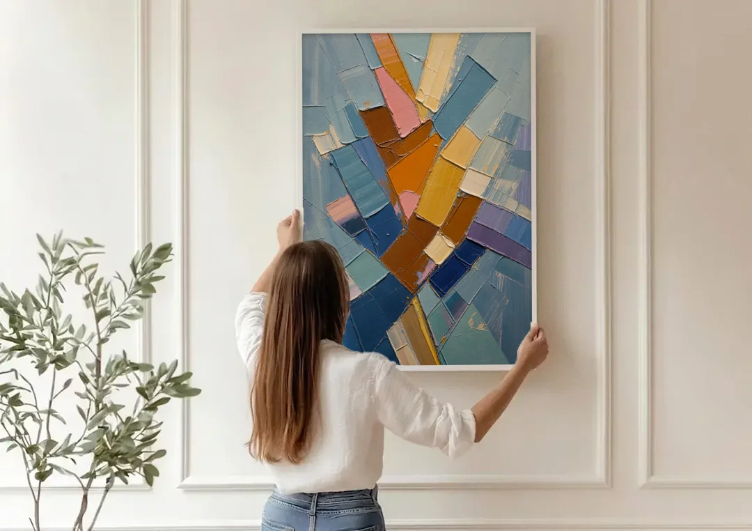 Rising Amber Planes for the Modern Office canvas wall art being hung on a paneled wall