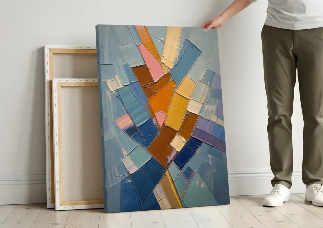 Rising Amber Planes for the Modern Office canvas wall art leaning against a wall next to blank canvases