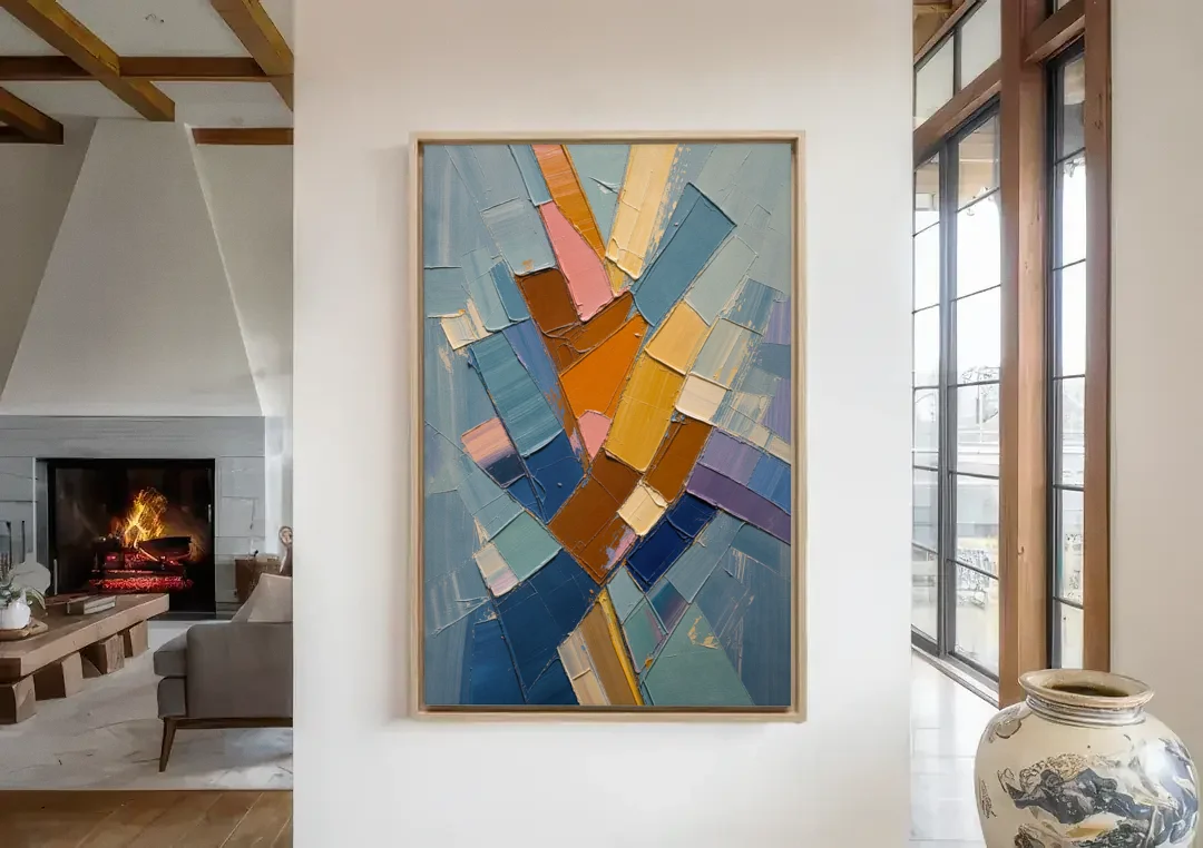 Rising Amber Planes for the Modern Office canvas wall art in a living room with a fireplace