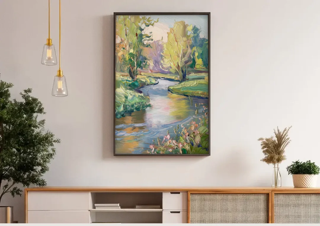 Riverside Artistic Riverfront canvas wall art above a wooden sideboard under pendant lights