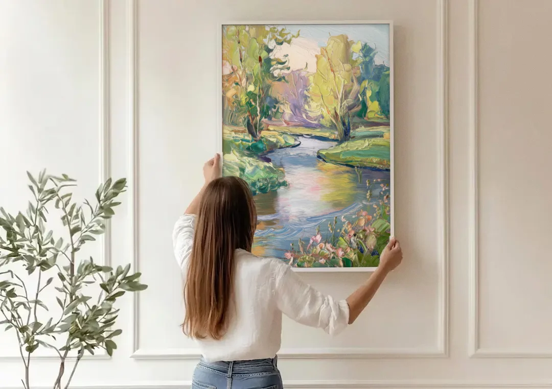 Riverside Artistic Riverfront canvas wall art being hung on a paneled wall