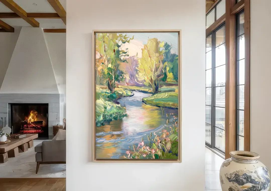Riverside Artistic Riverfront canvas wall art in a living room with a fireplace