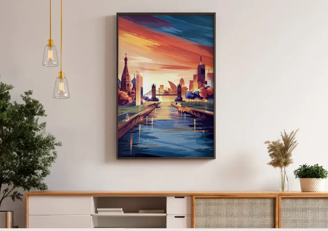 Riverside Iconic Landmarks canvas wall art above a wooden sideboard under pendant lights