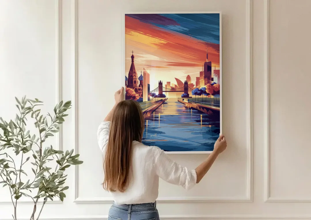 Riverside Iconic Landmarks canvas wall art being hung on a paneled wall
