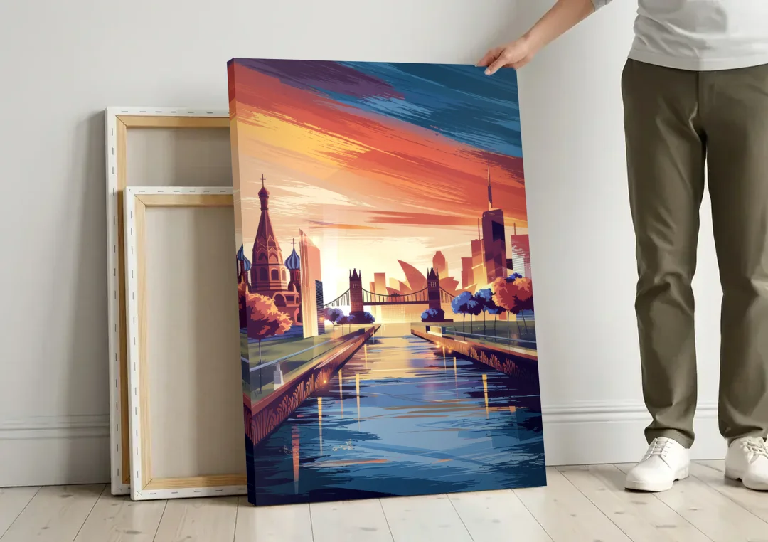 Riverside Iconic Landmarks canvas wall art leaning against a wall next to blank canvases
