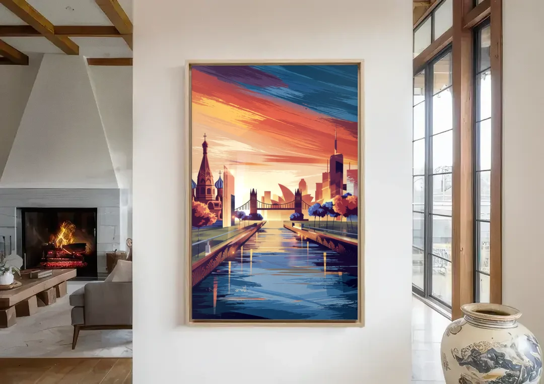 Riverside Iconic Landmarks canvas wall art in a living room with a fireplace