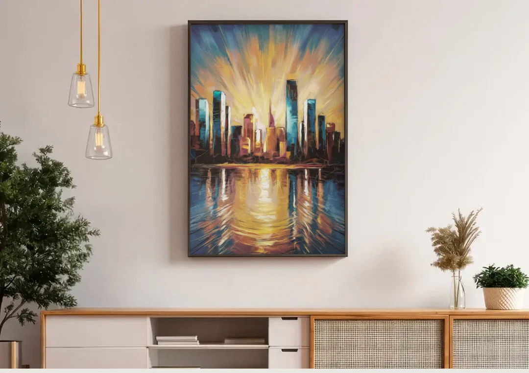 Riverside Sunset Over the City canvas wall art above a wooden sideboard under pendant lights