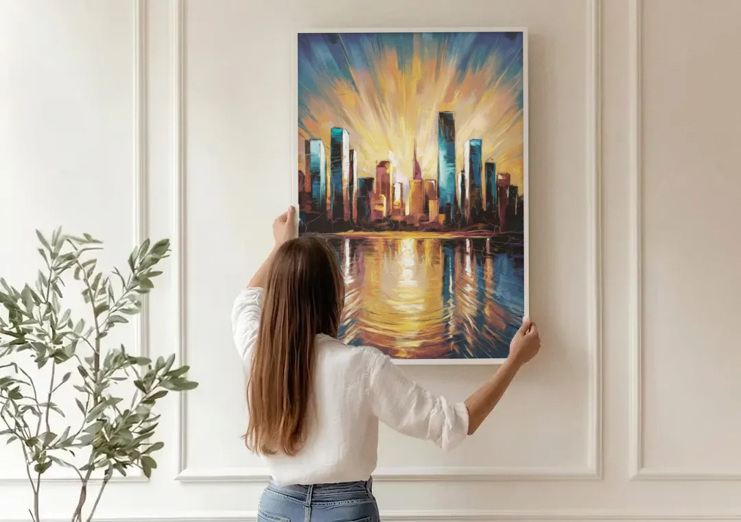 Riverside Sunset Over the City canvas wall art being hung on a paneled wall