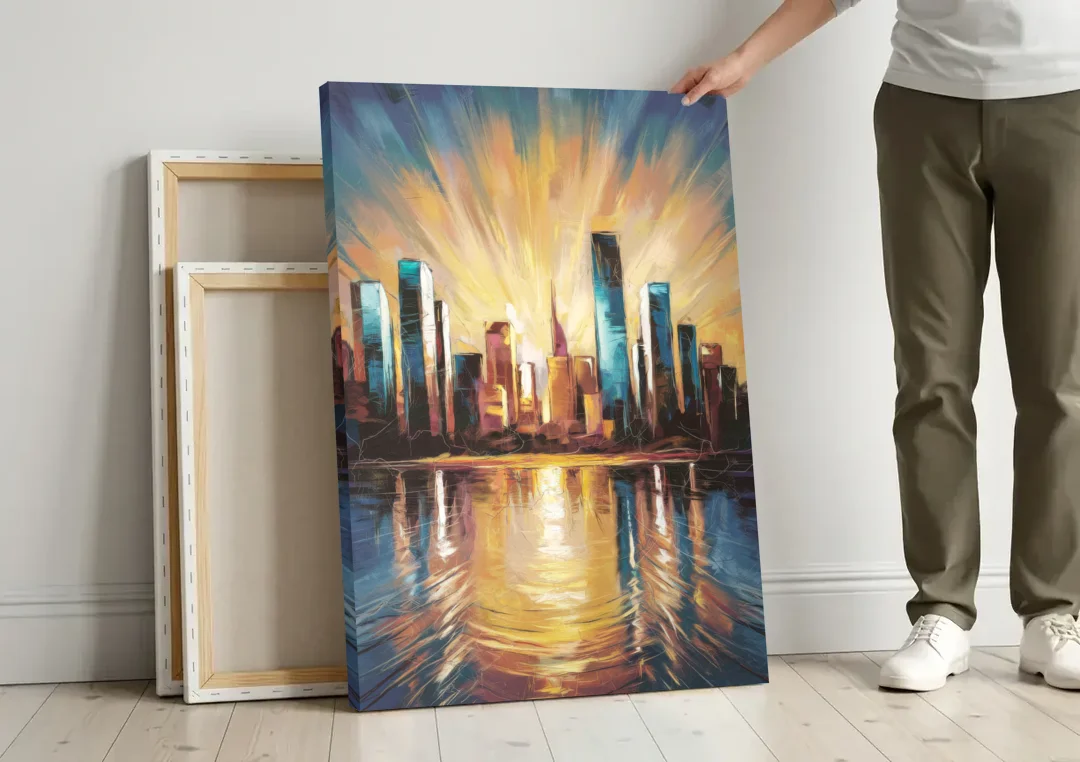 Riverside Sunset Over the City canvas wall art leaning against a wall next to blank canvases
