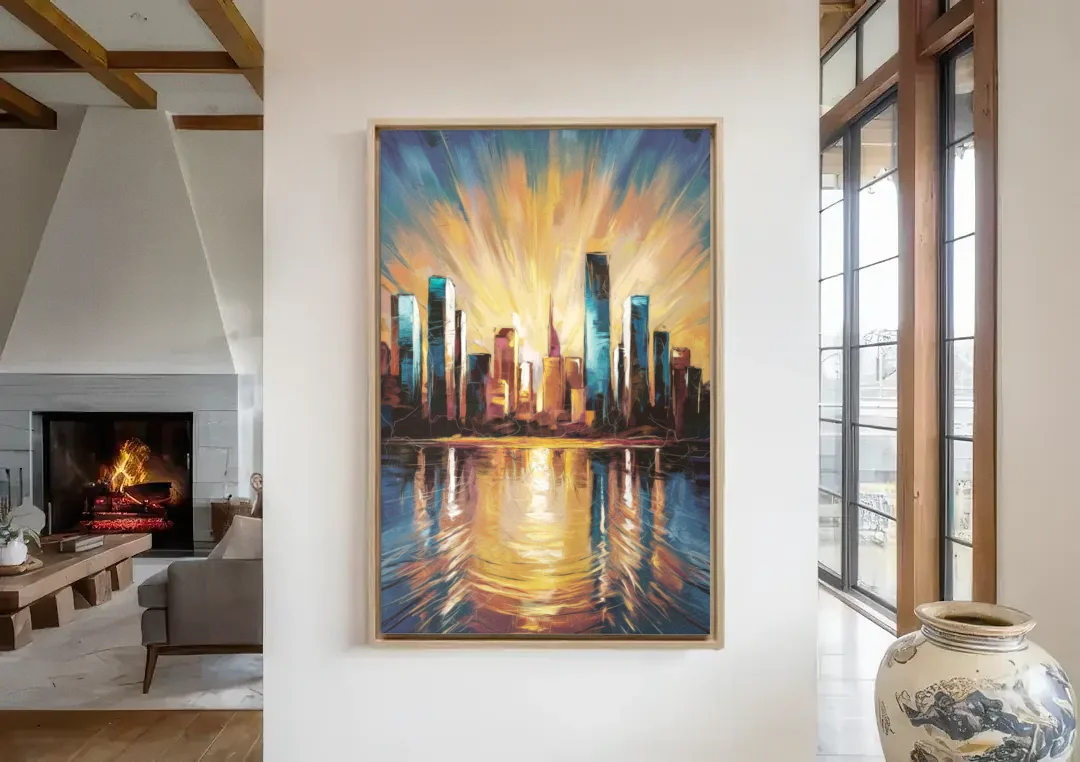 Riverside Sunset Over the City canvas wall art in a living room with a fireplace