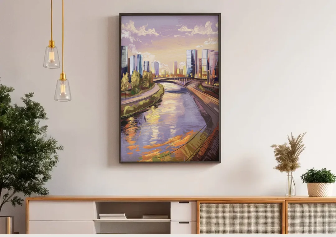 Riverside Urban Landscape canvas wall art above a wooden sideboard under pendant lights