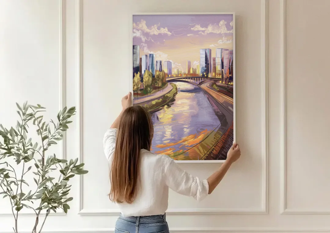 Riverside Urban Landscape canvas wall art being hung on a paneled wall