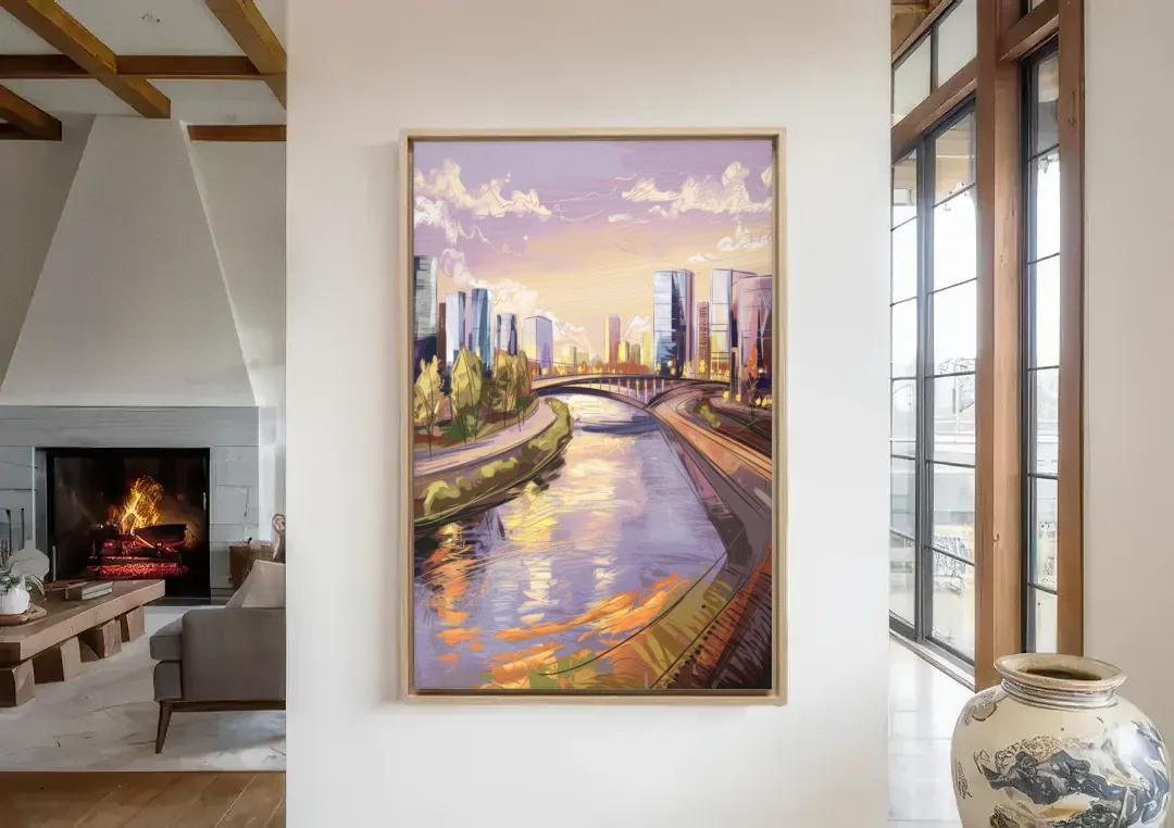 Riverside Urban Landscape canvas wall art in a living room with a fireplace