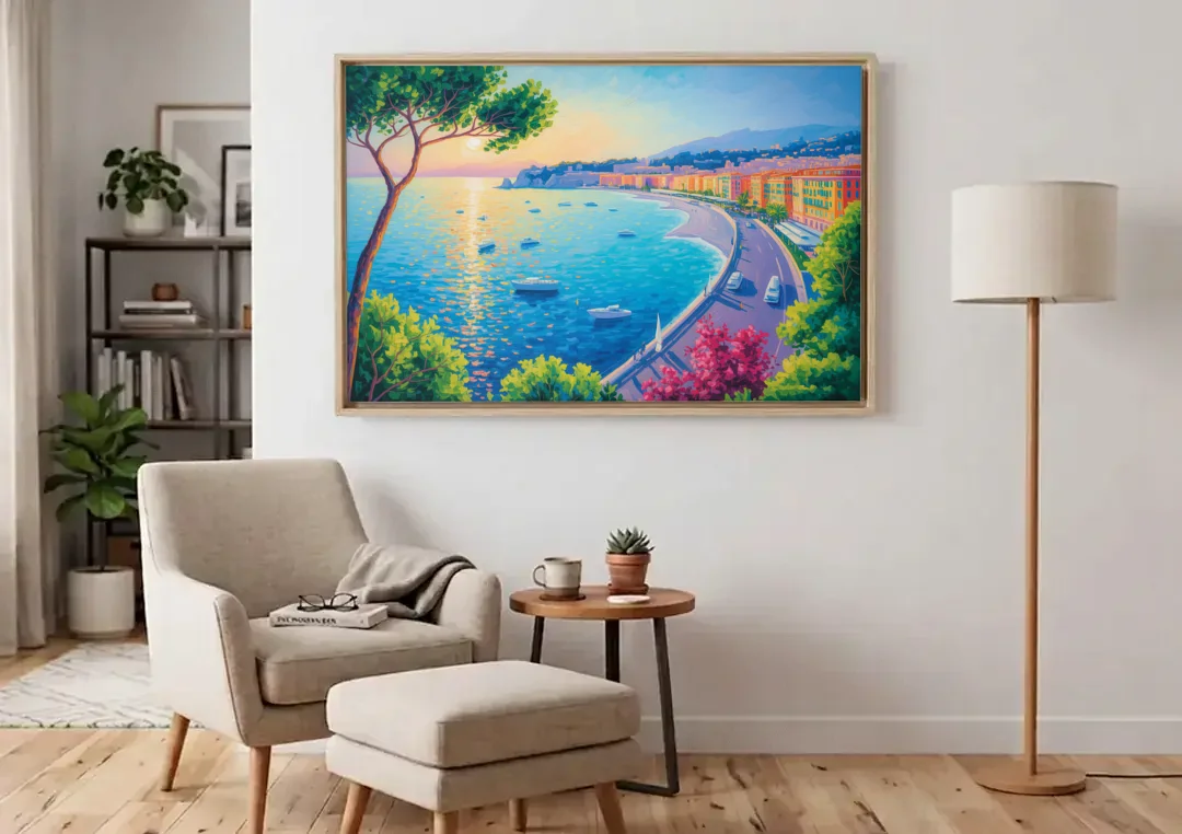 Riviera Reflections canvas wall art above an armchair in a bright living room