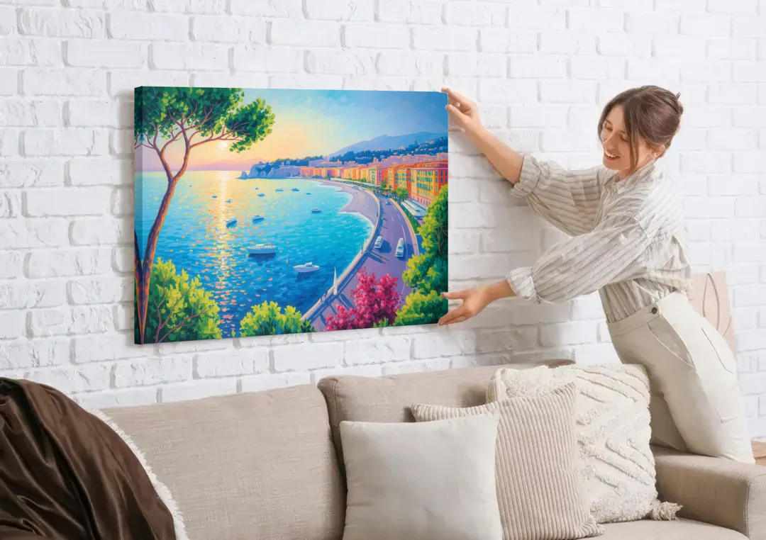 Riviera Reflections canvas wall art being hung on a white brick wall above a sofa