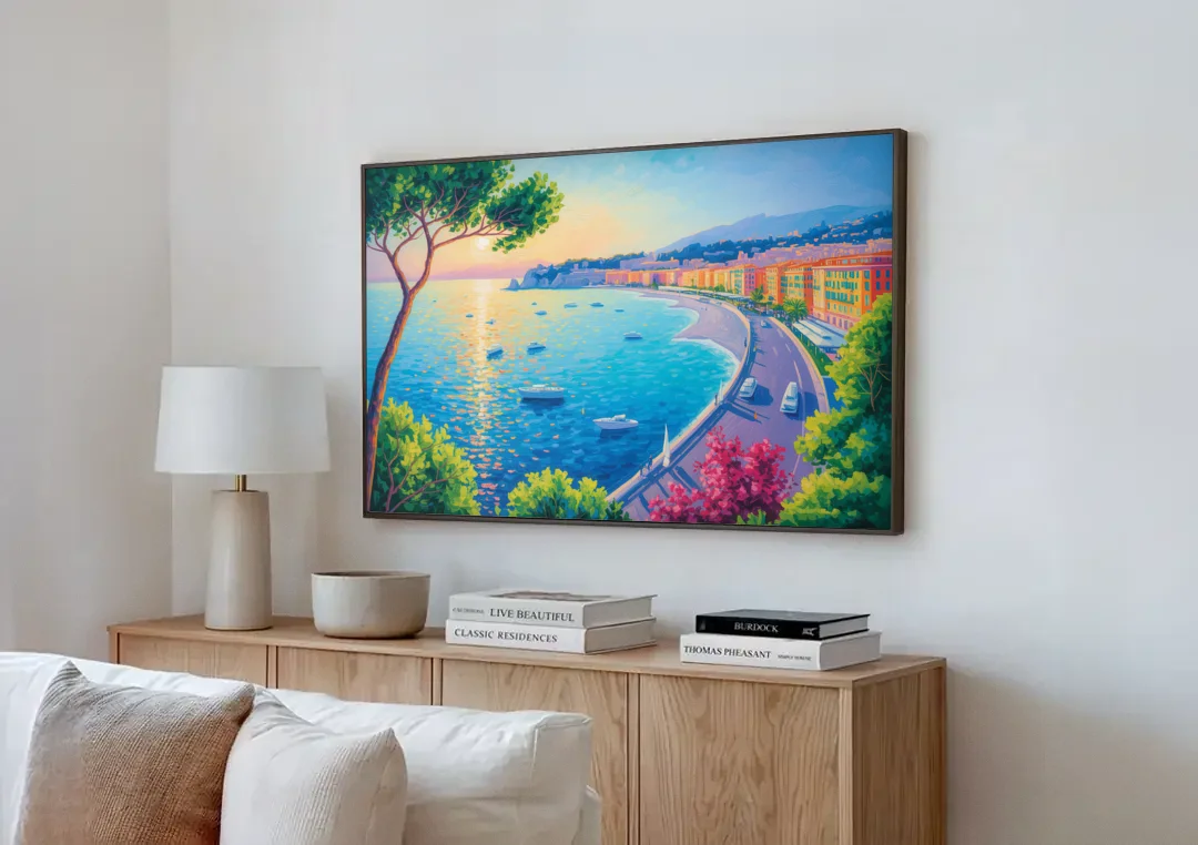 Riviera Reflections canvas wall art above a wooden sideboard next to a sofa
