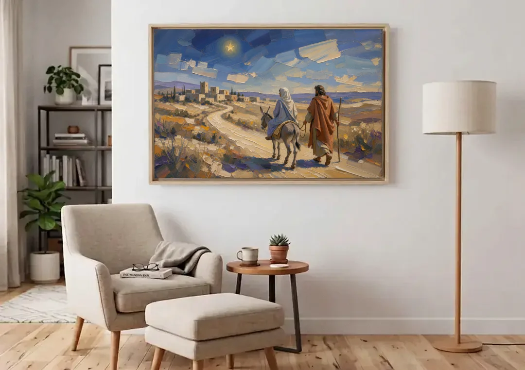 Christmas Road to Bethlehem for the Church canvas wall art above an armchair in a bright living room