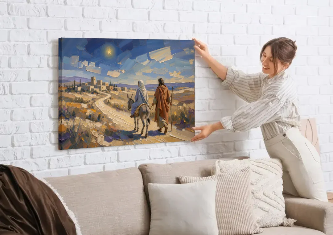 Christmas Road to Bethlehem for the Church canvas wall art being hung on a white brick wall above a sofa