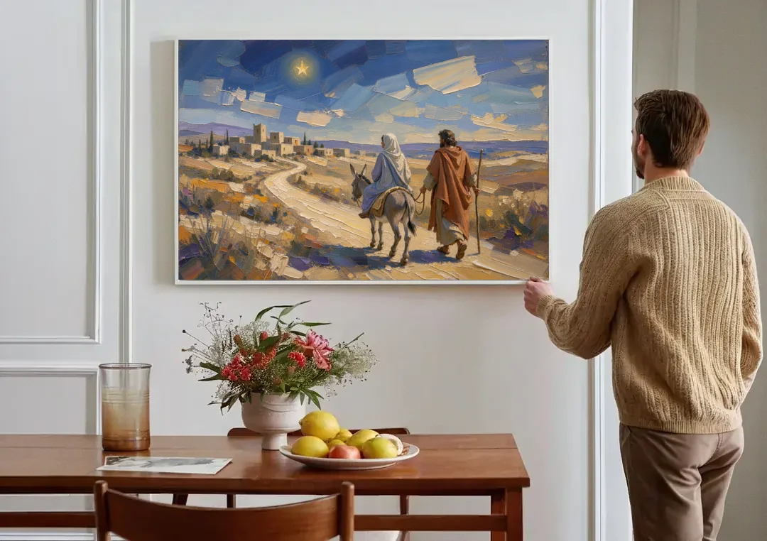 Christmas Road to Bethlehem for the Church canvas wall art above a dining table
