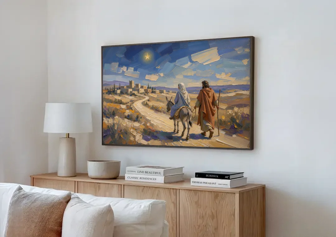 Christmas Road to Bethlehem for the Church canvas wall art above a wooden sideboard next to a sofa