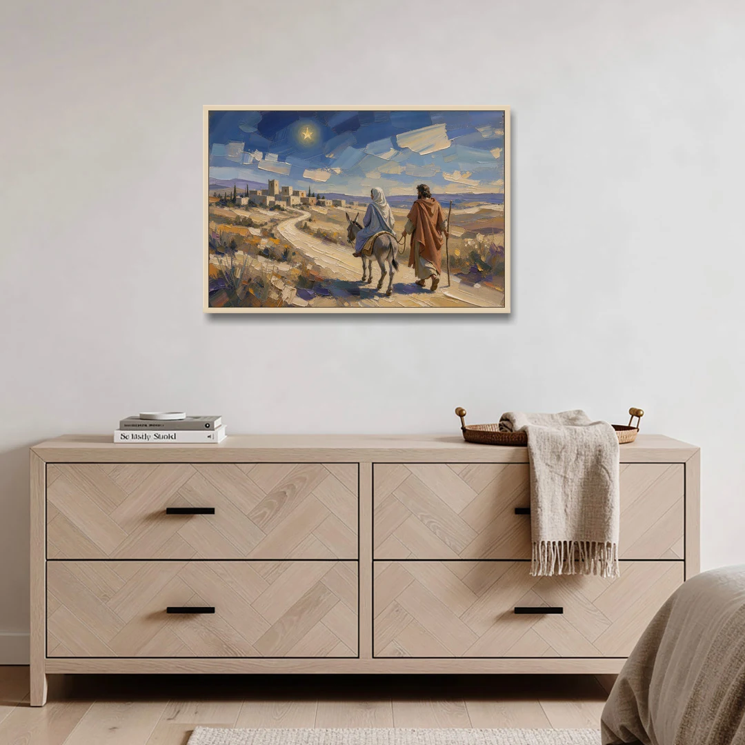 Christmas Road to Bethlehem for the Church - Oak Framed Canvas Wall Art - Coffee Table - 36x24