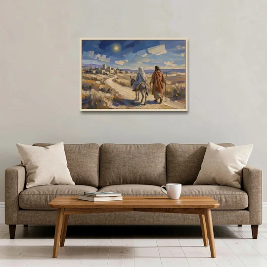 Christmas Road to Bethlehem for the Church - Oak Framed Canvas Wall Art - Sofa - 36x24
