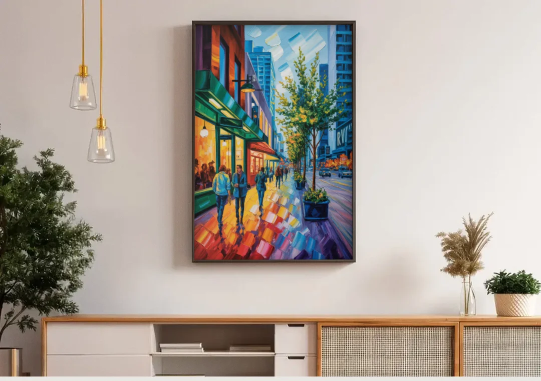 Robson Street Vancouver canvas wall art above a wooden sideboard under pendant lights