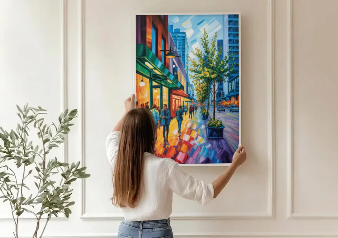 Robson Street Vancouver canvas wall art being hung on a paneled wall