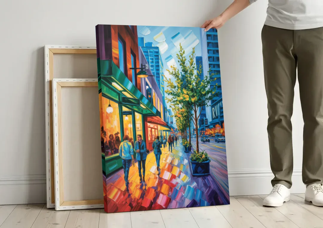Robson Street Vancouver canvas wall art leaning against a wall next to blank canvases