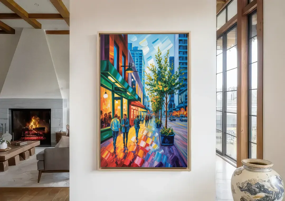 Robson Street Vancouver canvas wall art in a living room with a fireplace