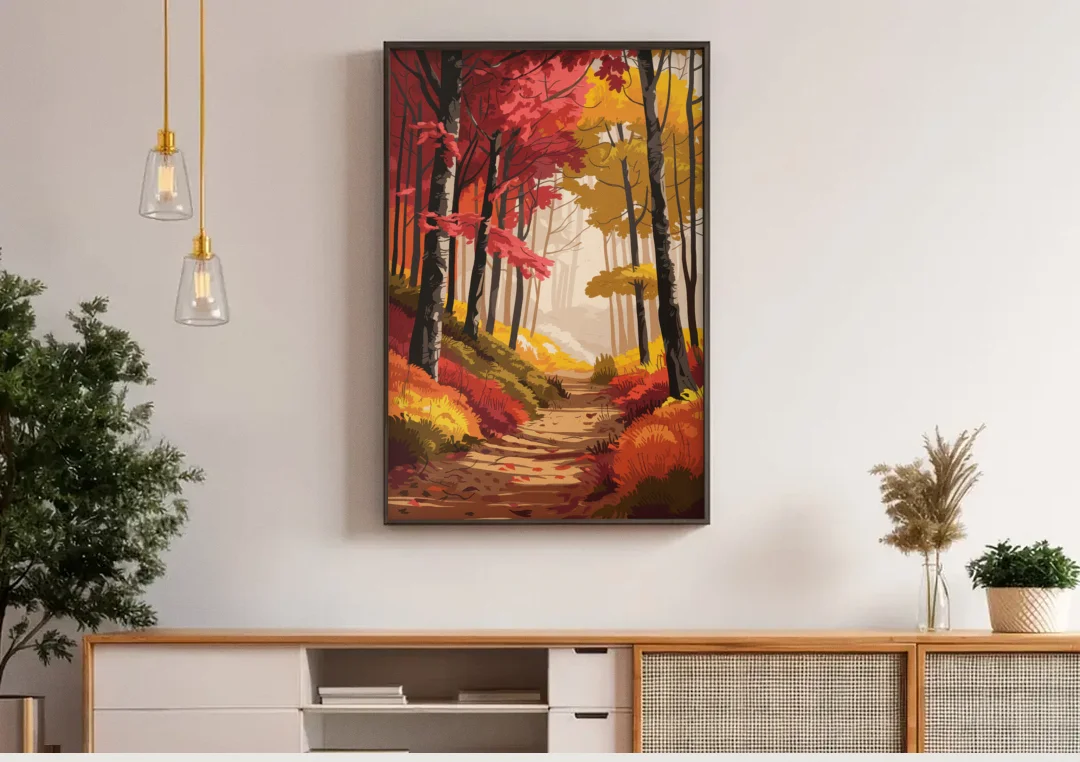 Rochester Autumn Foliage canvas wall art above a wooden sideboard under pendant lights
