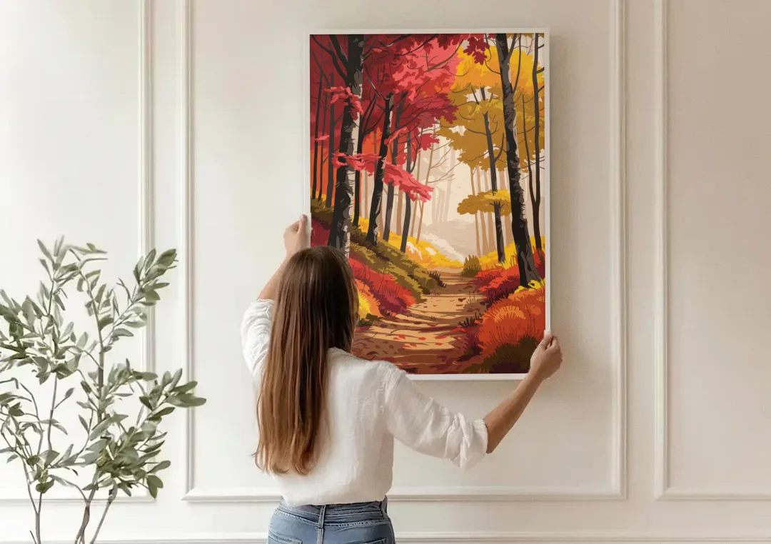 Rochester Autumn Foliage canvas wall art being hung on a paneled wall