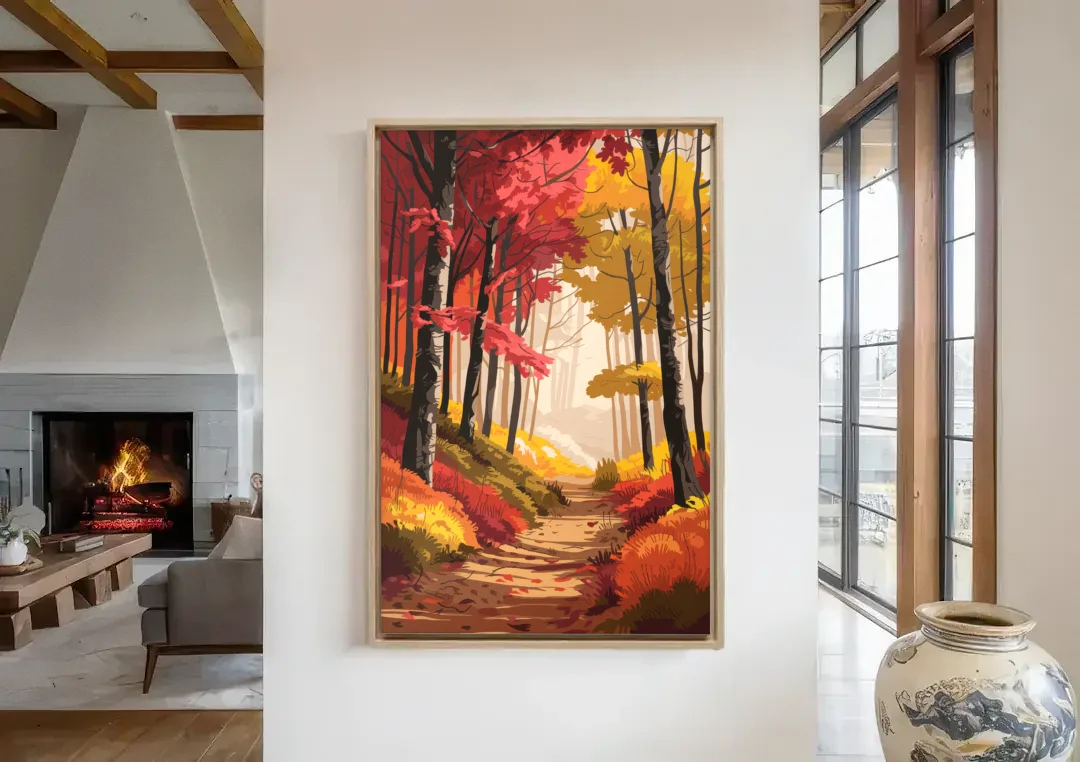 Rochester Autumn Foliage canvas wall art in a living room with a fireplace