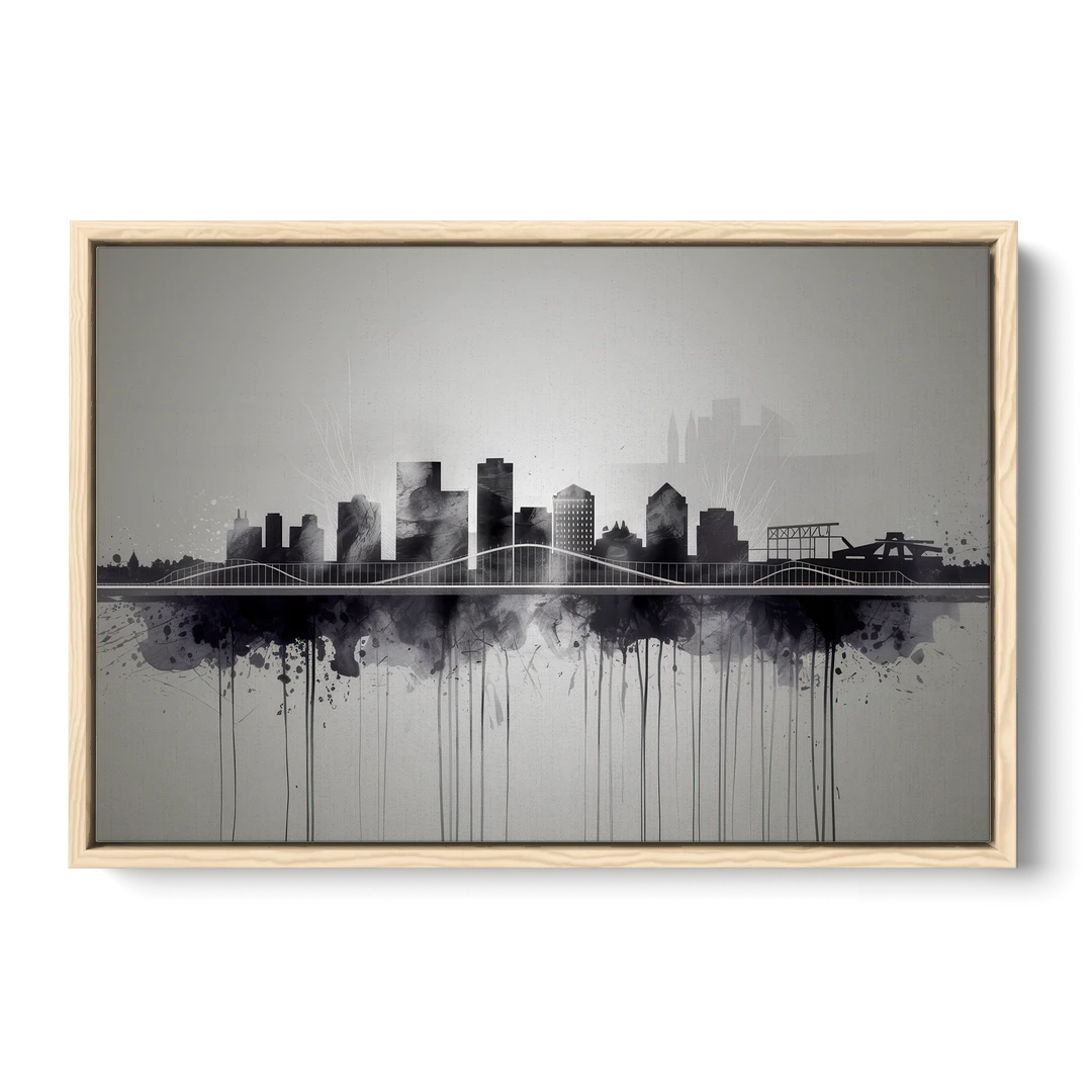 Rochester Cityscape Reflection - Oak Framed Canvas Wall Art - Front