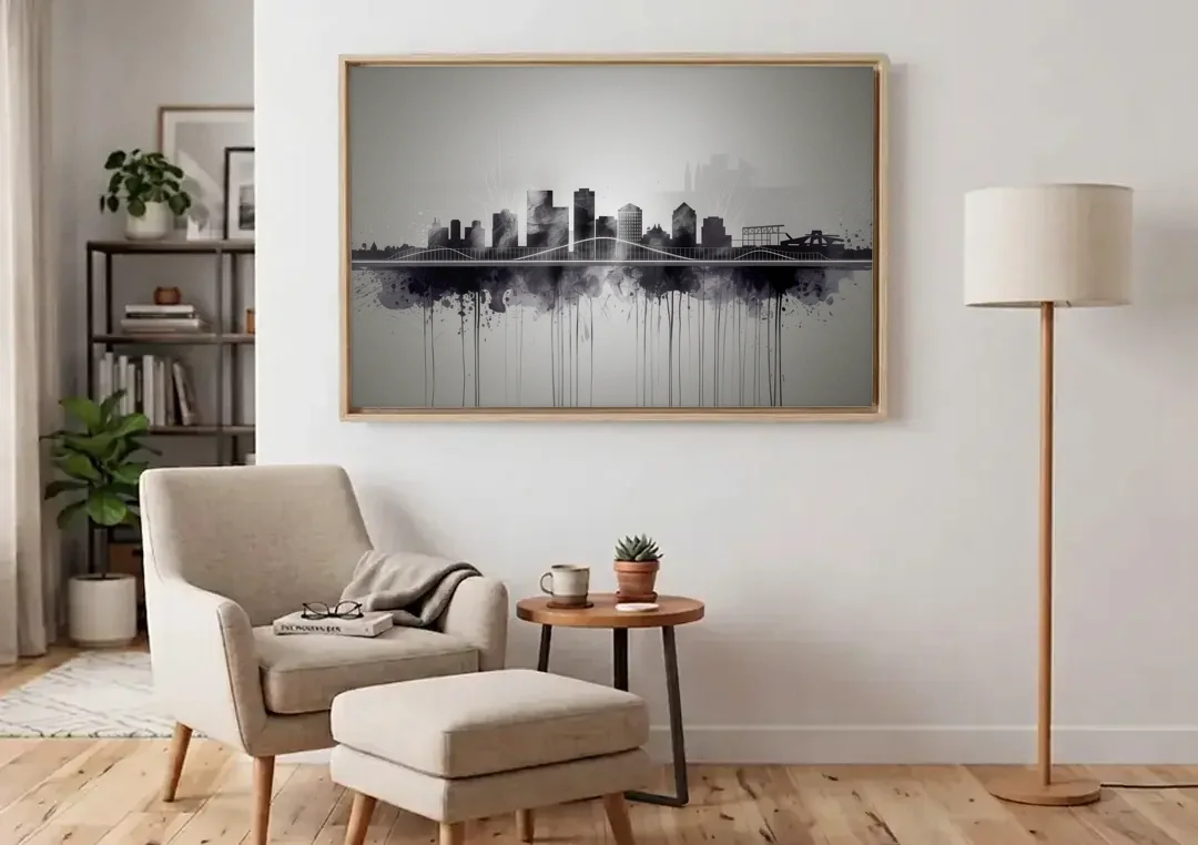 Rochester Cityscape Reflection canvas wall art above an armchair in a bright living room