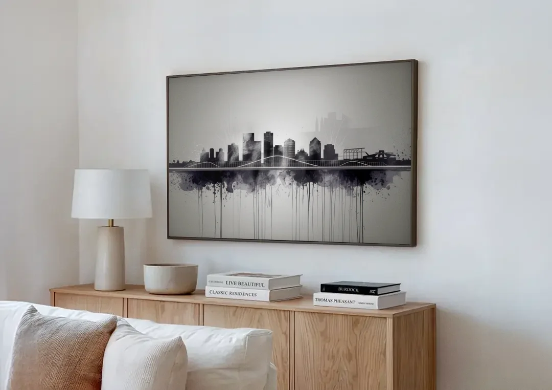 Rochester Cityscape Reflection canvas wall art above a wooden sideboard next to a sofa