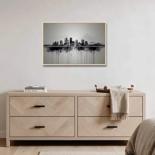 Rochester Cityscape Reflection - Oak Framed Canvas Wall Art - Coffee Table - 36x24