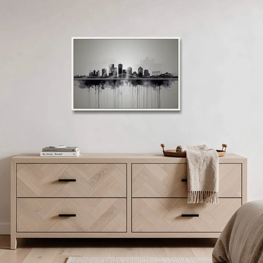 Rochester Cityscape Reflection - White Framed Canvas Wall Art - Coffee Table - 36x24