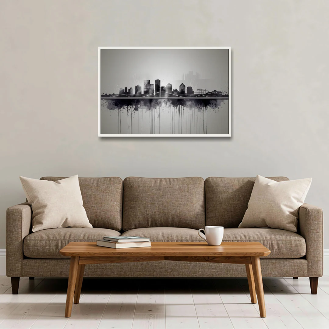 Rochester Cityscape Reflection - White Framed Canvas Wall Art - Sofa - 36x24