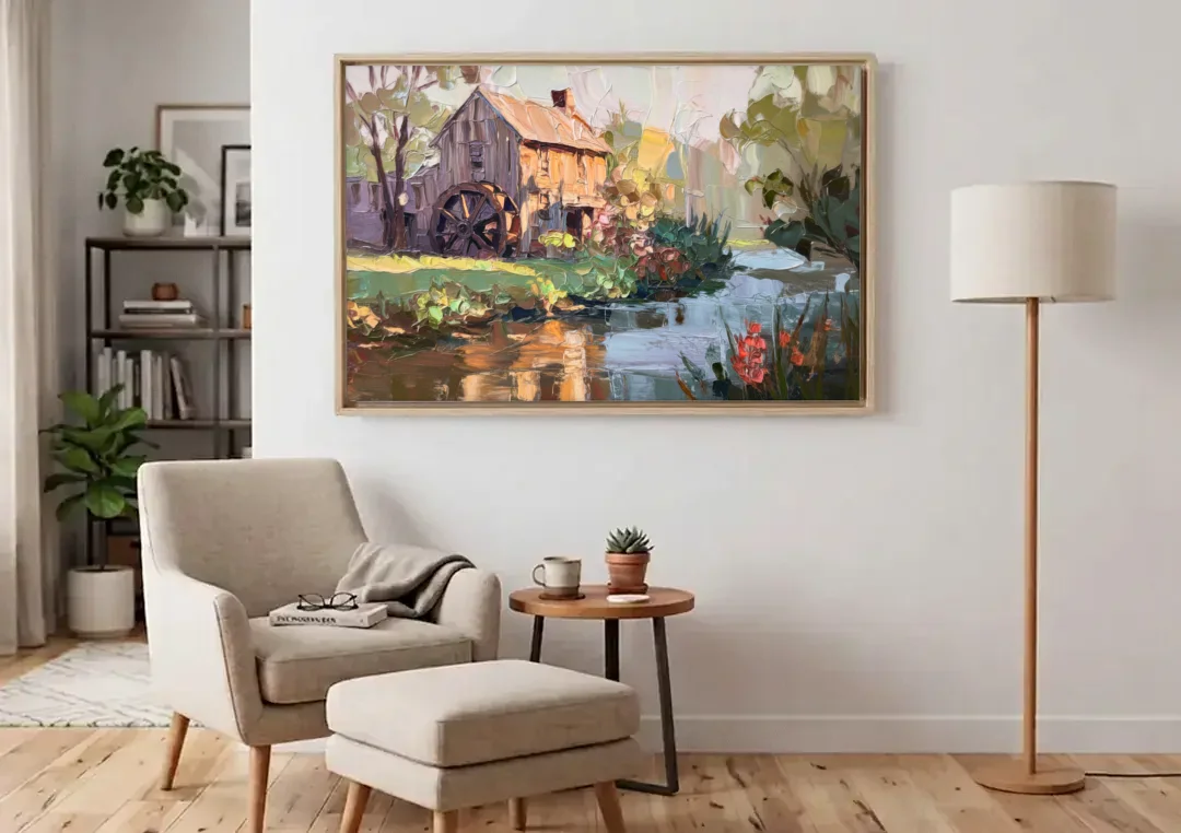 Rochester Flour Mill History canvas wall art above an armchair in a bright living room