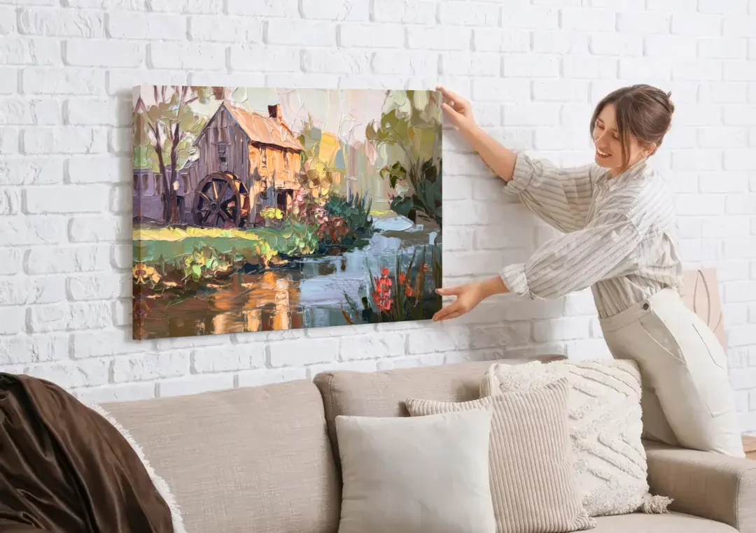 Rochester Flour Mill History canvas wall art being hung on a white brick wall above a sofa